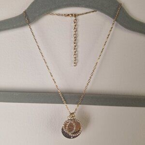 Gold Tone Pendant Necklace Hammered Disc Rhinestone Circles 16"+2" Ext.